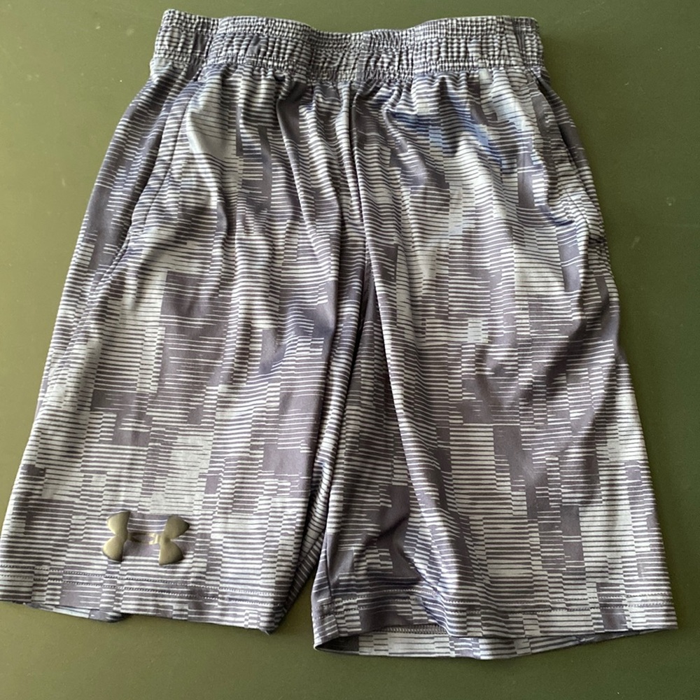 I’m selling some exercise shorts, brand under armor, color, bluish, gray
